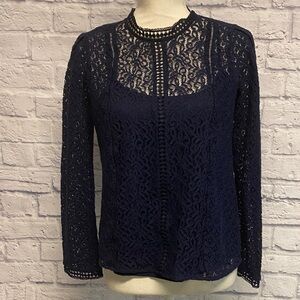 Gap navy blue crochet lace mock-neck long sleeve blouse Size SP